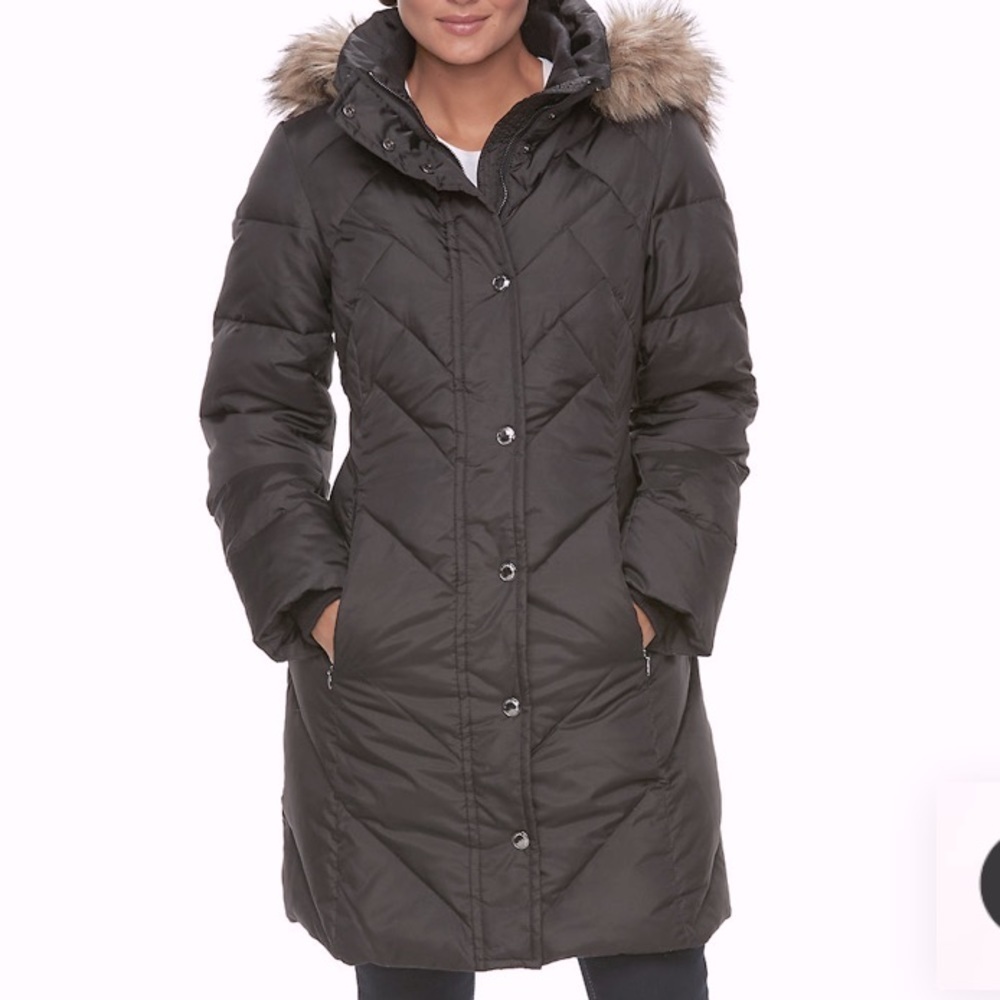 Anne Klein Down Puffer Coat Faux Fur Hood Black Sz S